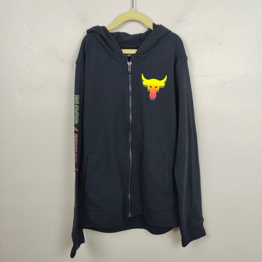 Under Armour Project Rock Hoodie Youth Large‎ Full Zip Hoodie Black Blood Sweat